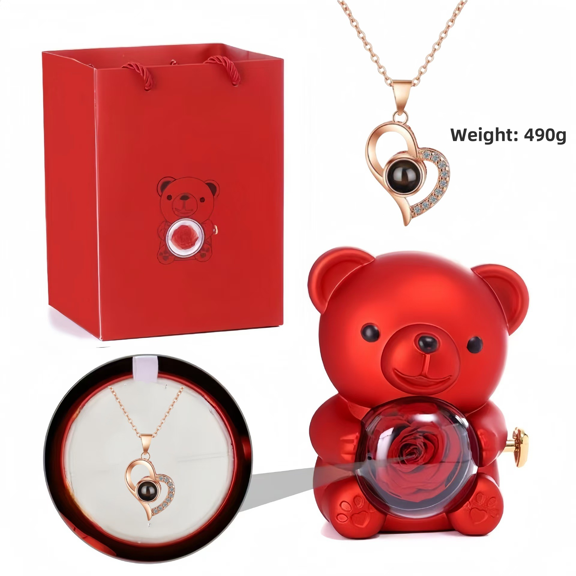 ✨Ogrlica u obliku srca, poklon za Valentinovo + preslatki medvjedić s konzerviranim ružama - Romantičan poklon za Majčin dan, vjenčanja, godišnjice, djevojačke večeri, Božić i Valentinovo.