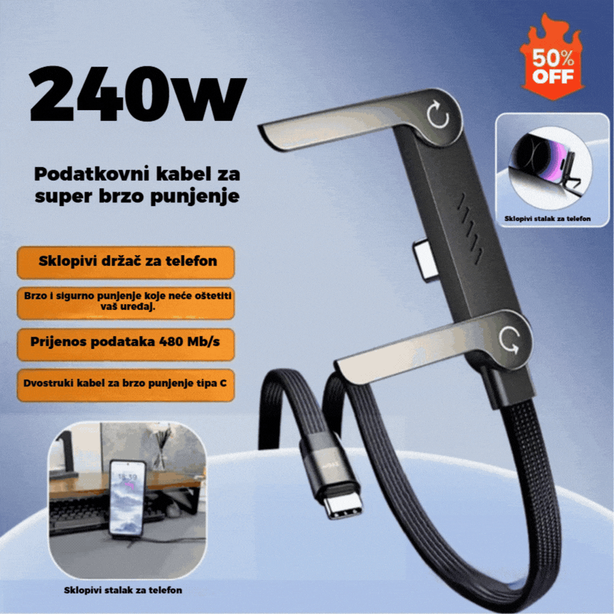 🔥Kupite 1, dobijte 1 gratis!🔥⚡Kabel za brzo punjenje 2 u 1 s podesivim držačem za telefon🔋