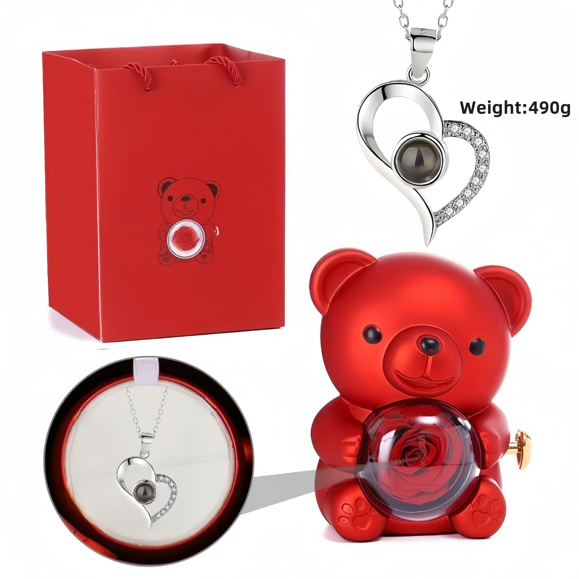 ✨Ogrlica u obliku srca, poklon za Valentinovo + preslatki medvjedić s konzerviranim ružama - Romantičan poklon za Majčin dan, vjenčanja, godišnjice, djevojačke večeri, Božić i Valentinovo.