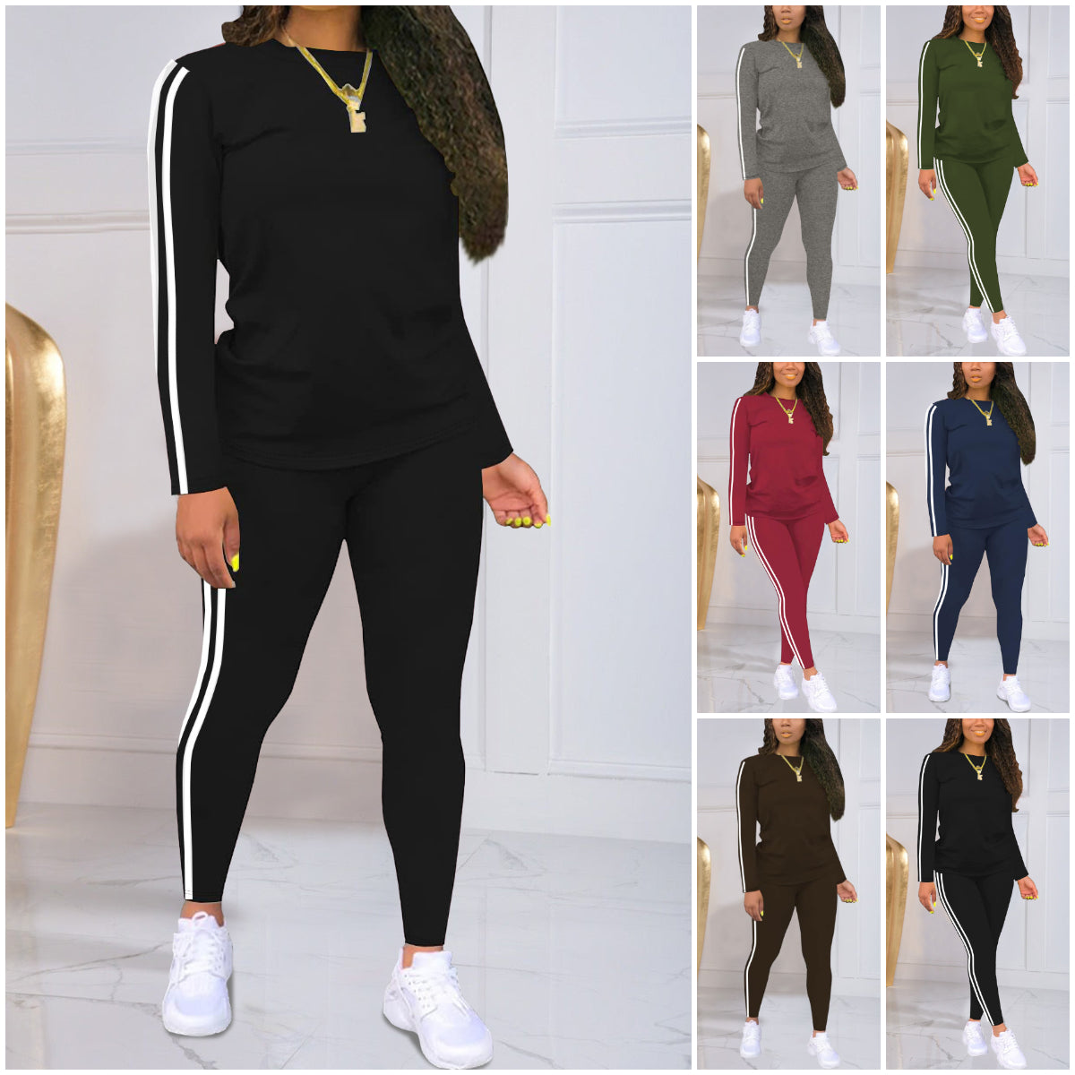 🍁Kupite jedan, dobijte jedan gratis🍂 Ženski dvodijelni prugasti komplet dugih rukava s hlačama. Ležeran, elegantan i udoban, savršen za svakodnevno nošenje na otvorenom.